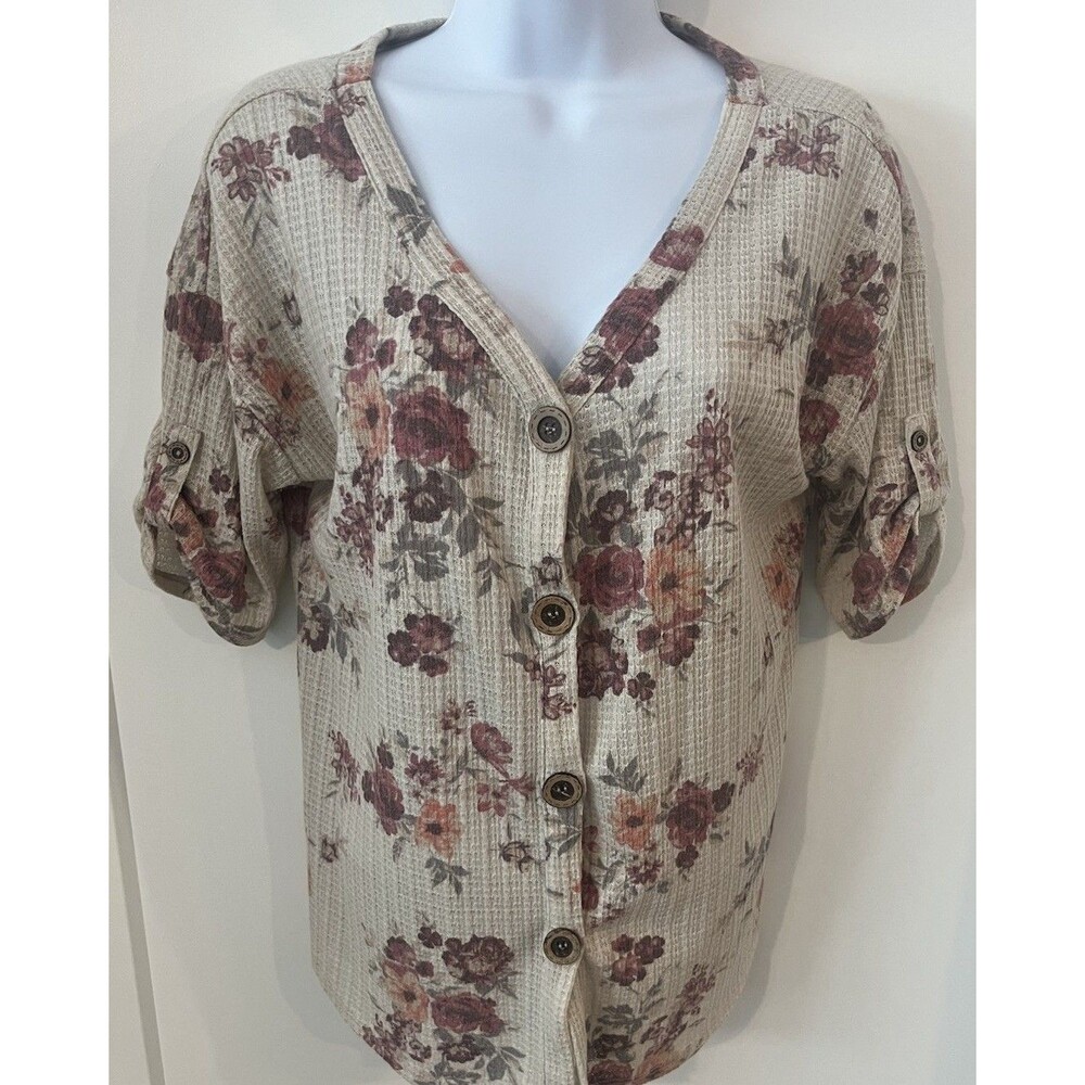 Absolutely Famous Cottagecore Floral Waffle Knit Button Up SS Blouse Women M